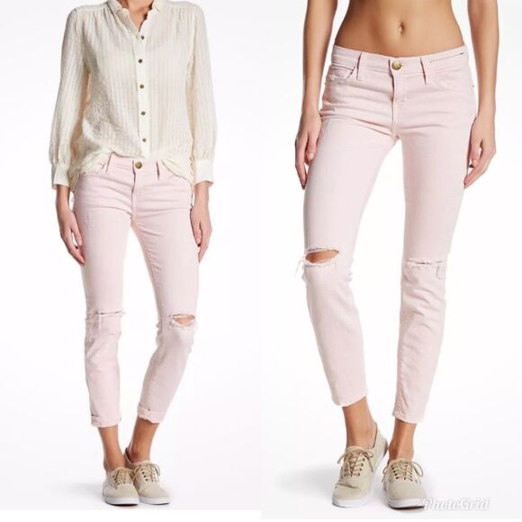 Revolve Current/Elliott The Stiletto Tattered Dusty Pink Destroy Jeans - Picture 1 of 11